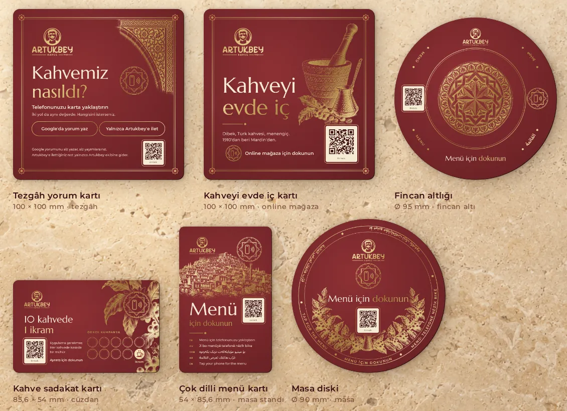 Altı kart gerçek oranlarında yan yana, Mardin taşı zeminde