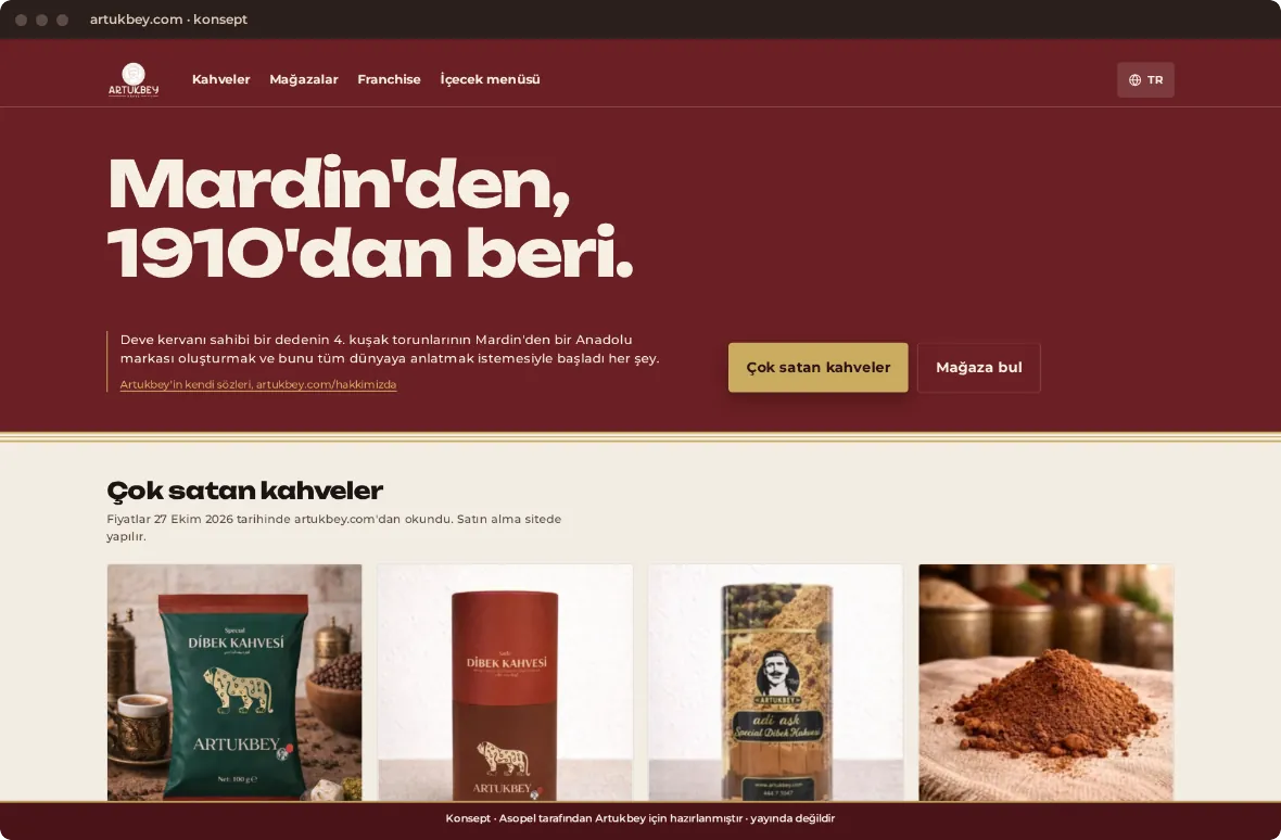 Web sitesi konsepti masaüstünde: Mardin'den, 1910'dan beri başlığı ve çok satan kahveler